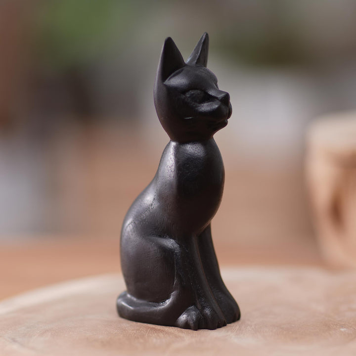 Black Cat Sculpture Hand-Carved from Jempinis Wood in Bali - Cunning Black Cat | NOVICA