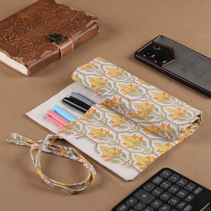 Cotton Roll Pencil Case with Hand-Block Printed Floral Motif - Glorious Buttercup | NOVICA