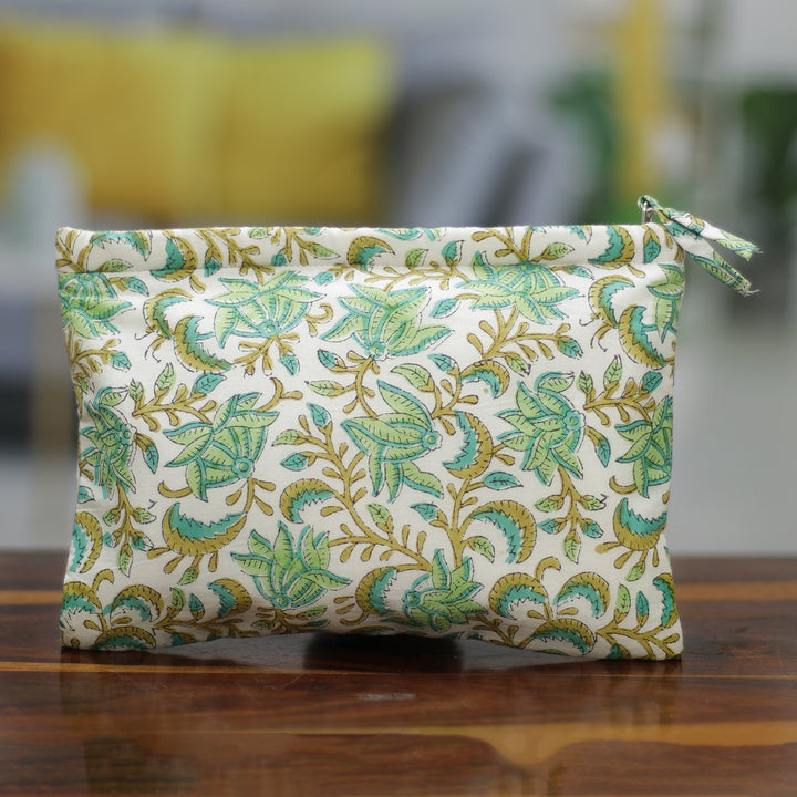 Hand-Block Printed Leaf Floral-Themed Cotton Cosmetic Bag - Leafy Friends | NOVICA