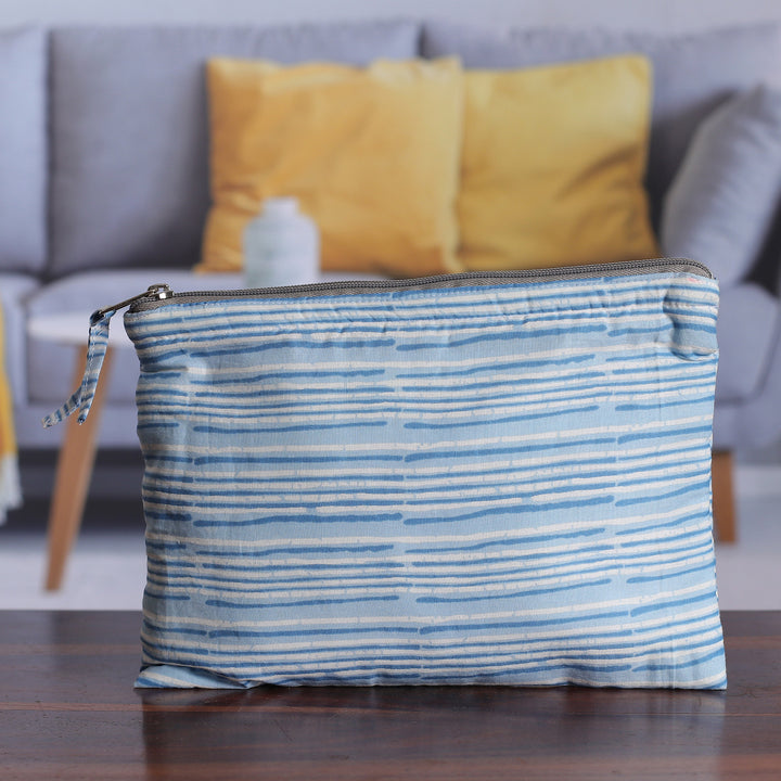 Cotton Cosmetic Bag with Hand-Block Printed Striped Pattern - Sky Contours | NOVICA