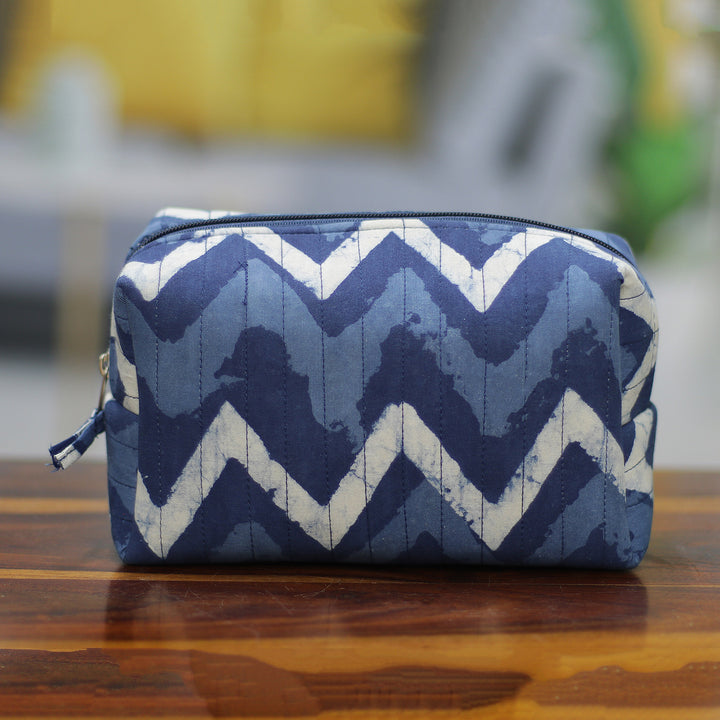 Blue Cotton Travel Case with Hand-Block Printed Wavy Pattern - Azure Waves | NOVICA