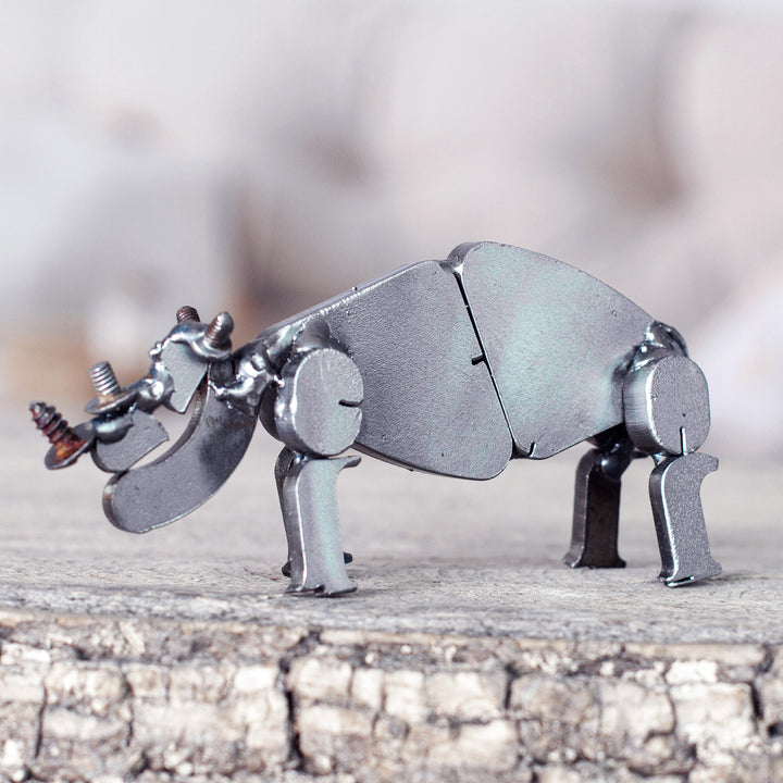 Handcrafted Recycled Scrap Metal Rhino Statuette - Wild Strength | NOVICA
