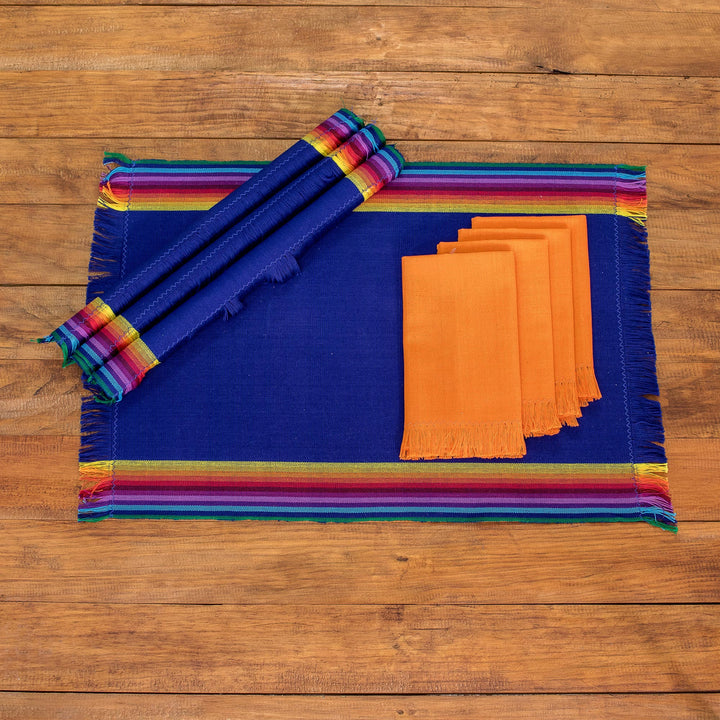 Handwoven Cotton Indigo Placemats with Napkins (Set of 4) - Indigo Balance | NOVICA