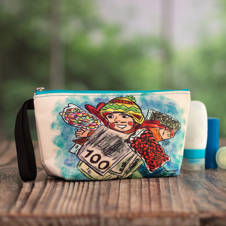 Toiletry Bag with Frugal Ekeko Print and Zippered Closure - Frugal Celebration | NOVICA