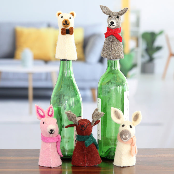 5 Wool Felt Farm Animal Bottle Toppers Handmade in India - Barnyard Holiday | NOVICA