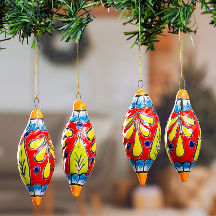 Handcrafted Talavera Ceramic Ornaments in Scarlet (Set of 4) - Scarlet Ambience | NOVICA