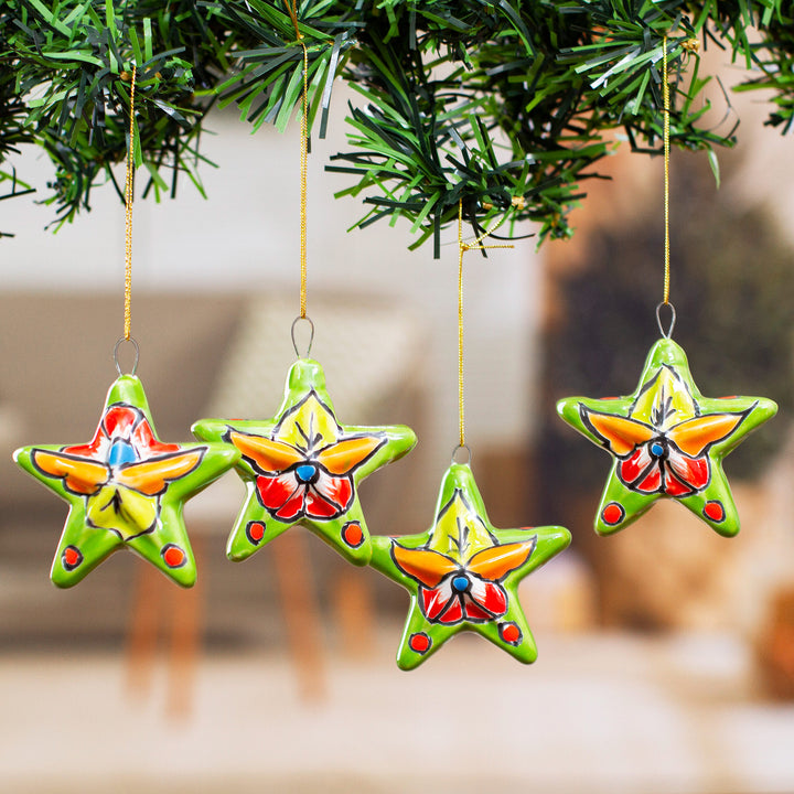 Set of 4 Handcrafted Talavera Star Ceramic Ornaments - Olive Constellation | NOVICA