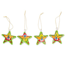 Load image into Gallery viewer, Set of 4 Handcrafted Talavera Star Ceramic Ornaments - Olive Constellation | NOVICA
