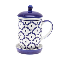 Load image into Gallery viewer, Blue Pineapple Ceramic Mug and Saucer Set with Lid - Proud Pineapple | NOVICA
