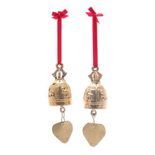 Load image into Gallery viewer, Pair of Brass Bell Ornaments with Elephants and Red Ribbons - Elephant Tune | NOVICA
