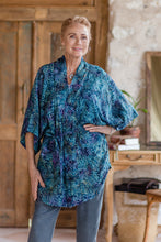Load image into Gallery viewer, Handcrafted Batik Rayon Kimono Jacket with Leafy Pattern - Teal Jungle | NOVICA
