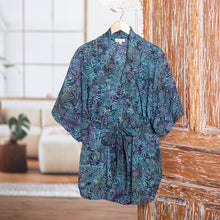 Load image into Gallery viewer, Handcrafted Batik Rayon Kimono Jacket with Leafy Pattern - Teal Jungle | NOVICA
