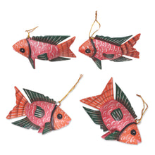 Load image into Gallery viewer, Set of 4 Crocodile Wood Hand-Painted Fish Ornaments - Vibrant  Shoal | NOVICA

