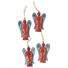 Load image into Gallery viewer, Set of 4 Suar Wood Hand-Painted Angel Ornaments - Festive Heaven | NOVICA
