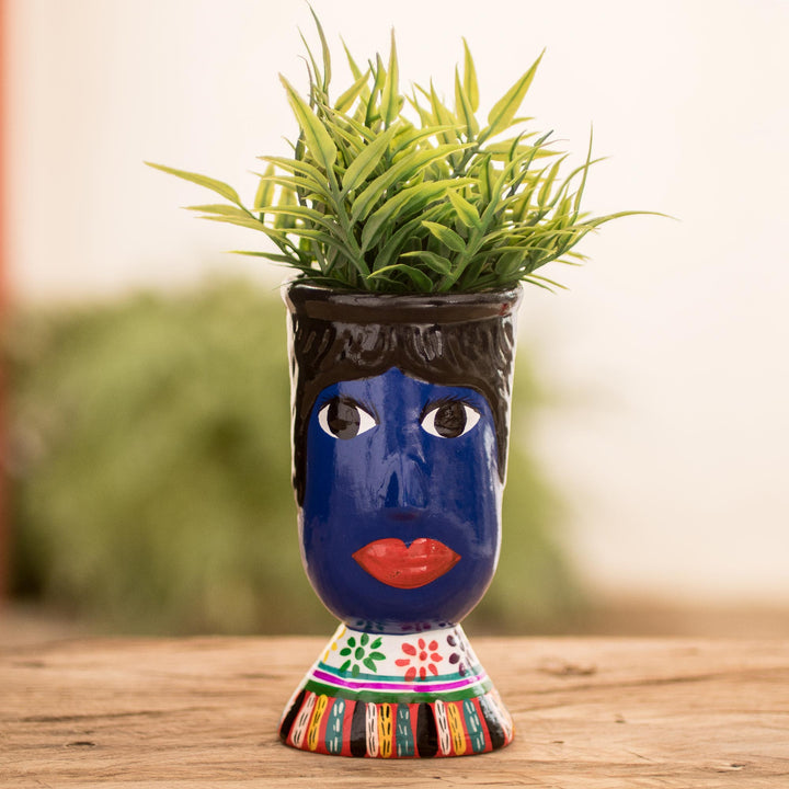Blue Hand-Painted Double Face Ceramic Flower Pot - St. Anthony | NOVICA