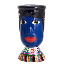 Load image into Gallery viewer, Blue Hand-Painted Double Face Ceramic Flower Pot - St. Anthony | NOVICA
