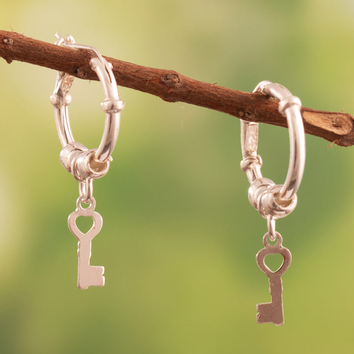 Polished Sterling Silver Hoop Earrings with Dangling Keys - Secret Key | NOVICA