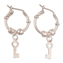 Load image into Gallery viewer, Polished Sterling Silver Hoop Earrings with Dangling Keys - Secret Key | NOVICA
