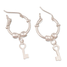 Load image into Gallery viewer, Polished Sterling Silver Hoop Earrings with Dangling Keys - Secret Key | NOVICA
