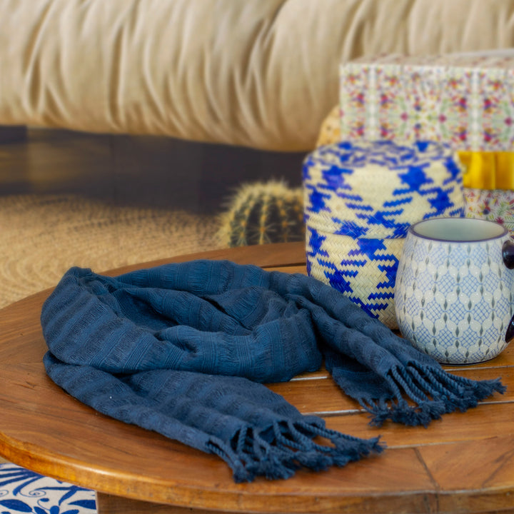 Blue Cotton Scarf with Braided Fringes Handloomed in Mexico - Blue Catwalks | NOVICA