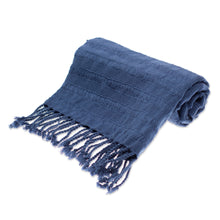 Load image into Gallery viewer, Blue Cotton Scarf with Braided Fringes Handloomed in Mexico - Blue Catwalks | NOVICA
