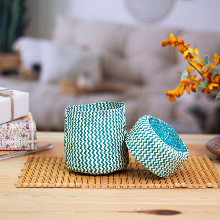 Green Basket with Lid Hand-Woven from Palm Fiber in Mexico - Tiger in Green | NOVICA