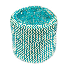 Load image into Gallery viewer, Green Basket with Lid Hand-Woven from Palm Fiber in Mexico - Tiger in Green | NOVICA
