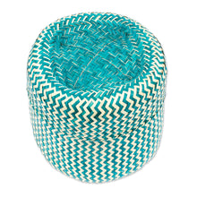 Load image into Gallery viewer, Green Basket with Lid Hand-Woven from Palm Fiber in Mexico - Tiger in Green | NOVICA
