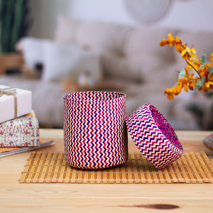 Fuchsia Basket with Lid Hand-Woven from Palm Fiber in Mexico - Tiger in Fuchsia | NOVICA