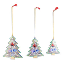 Load image into Gallery viewer, Set of 3 Wood Tree Ornaments in Blue and Green Shades - Blue Forest | NOVICA
