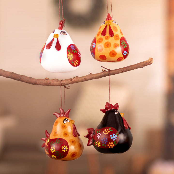 Set of 4 Handcrafted Hen Ornaments Painted in Warm Hues - Chatty Hens | NOVICA