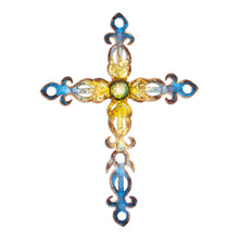 Load image into Gallery viewer, Handcrafted Steel Cross Wall Art in Yellow and Blue Hues - Yellow Flames of Devotion | NOVICA
