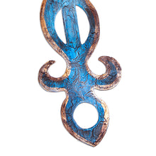 Load image into Gallery viewer, Handcrafted Steel Cross Wall Art in Yellow and Blue Hues - Yellow Flames of Devotion | NOVICA
