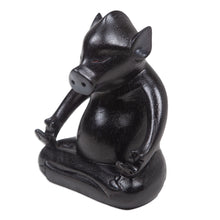 Load image into Gallery viewer, Handmade Black Suar Wood Pig Statuette from Bali - Gentle Master at Night | NOVICA
