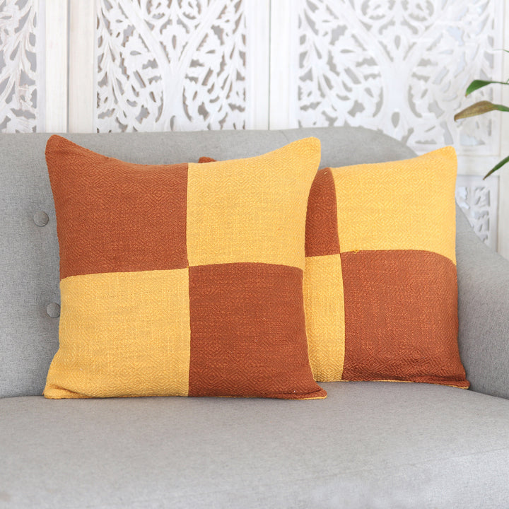 Pair of Geometric Yellow and Orange Cotton Cushion Covers - Warm Geometry | NOVICA