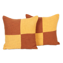 Load image into Gallery viewer, Pair of Geometric Yellow and Orange Cotton Cushion Covers - Warm Geometry | NOVICA
