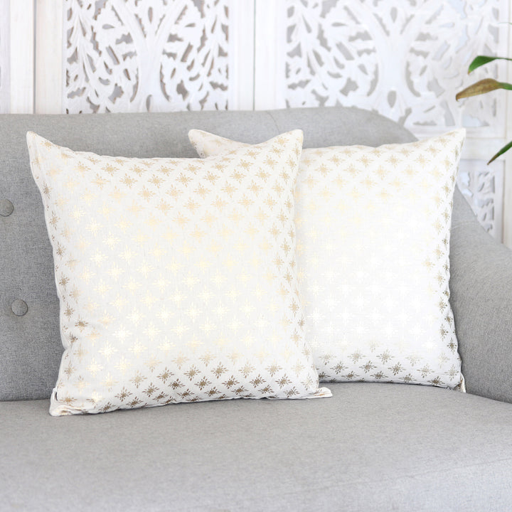 Pair of Cotton Cushion Covers with Golden Star Motifs - Golden Constellation | NOVICA