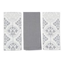 Load image into Gallery viewer, Set of Three Printed Cotton Dish Towels in Grey and White - Noble Damask | NOVICA
