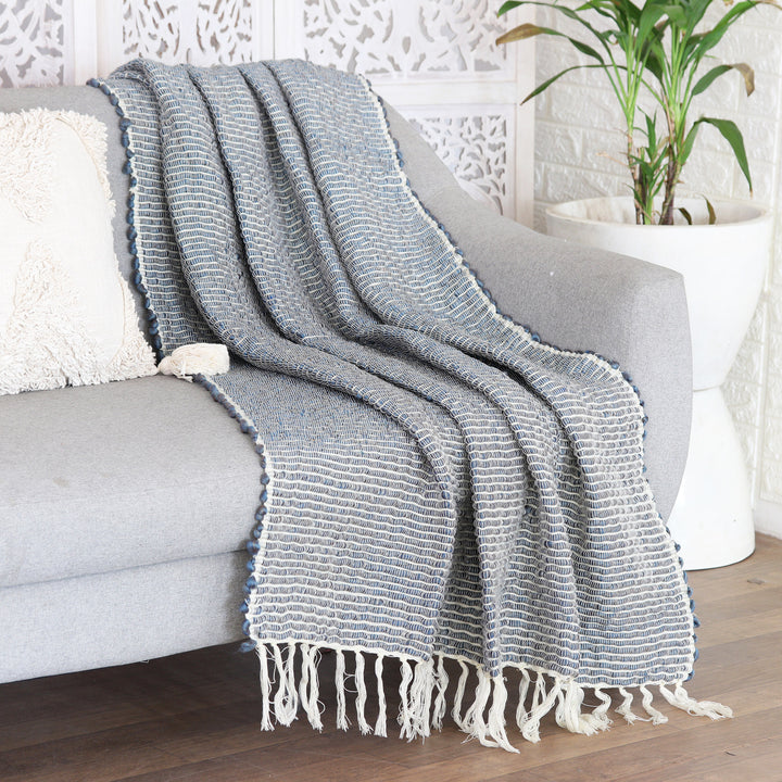 Blue Acrylic Thread Throw Blanket with Striped Pattern - Denim Caress | NOVICA