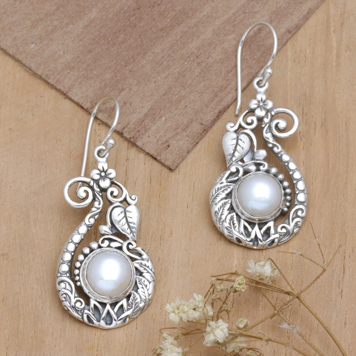 Leafy and Floral Dangle Earrings with Cultured Pearls - Magical Innocence | NOVICA