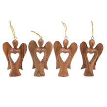 Load image into Gallery viewer, Set of 4 Hand-Carved Suar Wood Fairy Ornaments with Hearts - Fairy Hearts | NOVICA
