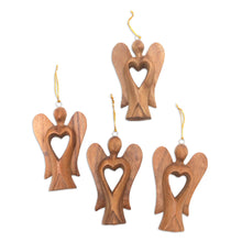 Load image into Gallery viewer, Set of 4 Hand-Carved Suar Wood Fairy Ornaments with Hearts - Fairy Hearts | NOVICA
