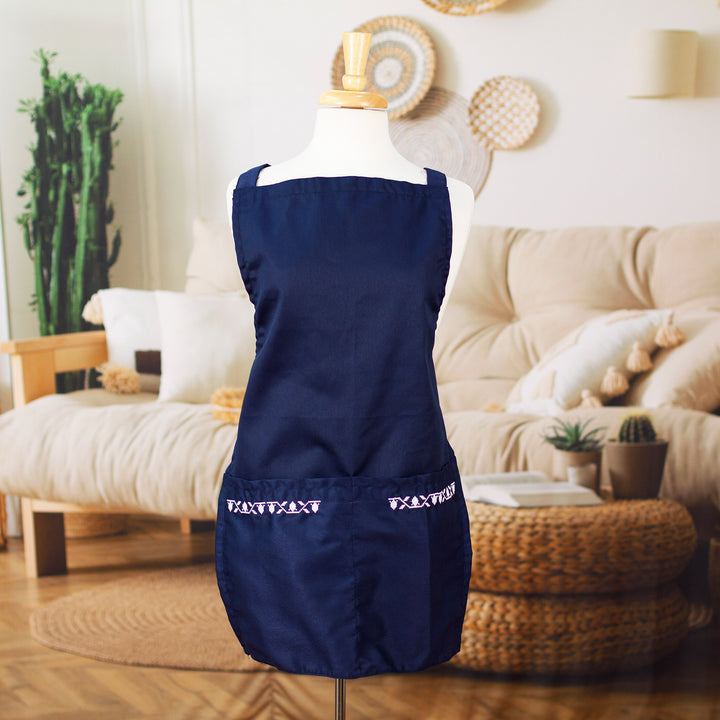 Embroidered Navy Cotton Gabardine Apron with Front Pockets - Navy Geometry | NOVICA