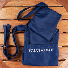 Load image into Gallery viewer, Embroidered Navy Cotton Gabardine Apron with Front Pockets - Navy Geometry | NOVICA
