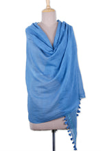 Load image into Gallery viewer, Peacock-Toned Cotton and Silk Blend Shawl with Tassels - Peacock Pleasure | NOVICA
