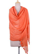 Load image into Gallery viewer, Ginger-Toned Cotton and Silk Blend Shawl with Tassels - Spicy Ginger | NOVICA
