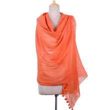 Load image into Gallery viewer, Ginger-Toned Cotton and Silk Blend Shawl with Tassels - Spicy Ginger | NOVICA
