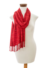 Load image into Gallery viewer, Fringed Red Scarf Hand-Woven from Rayon in Guatemala - Among Threads in Red | NOVICA
