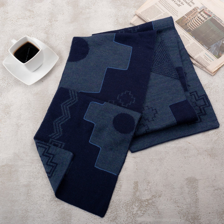 Chakana-Themed Reversible Alpaca Blend Scarf in Blue Hues - Chakana Visions | NOVICA