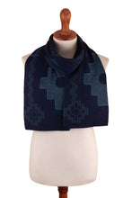 Load image into Gallery viewer, Chakana-Themed Reversible Alpaca Blend Scarf in Blue Hues - Chakana Visions | NOVICA
